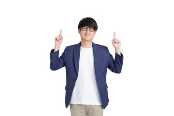 Smiling cheerful Asian young adult male entrepreneur pointing fingers upward on transparent as png