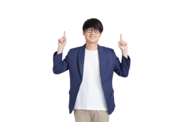 Smiling cheerful Asian young adult male entrepreneur pointing fingers upward on transparent as png