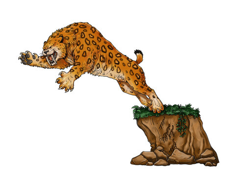 Saber tooth cat on the hunt. Animals drawing. Saber-toothed cat attack. Smilodon from ice age.
