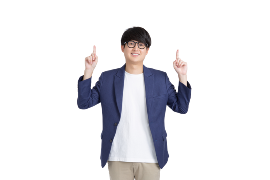Smiling cheerful Asian young adult male entrepreneur pointing fingers upward on transparent as png