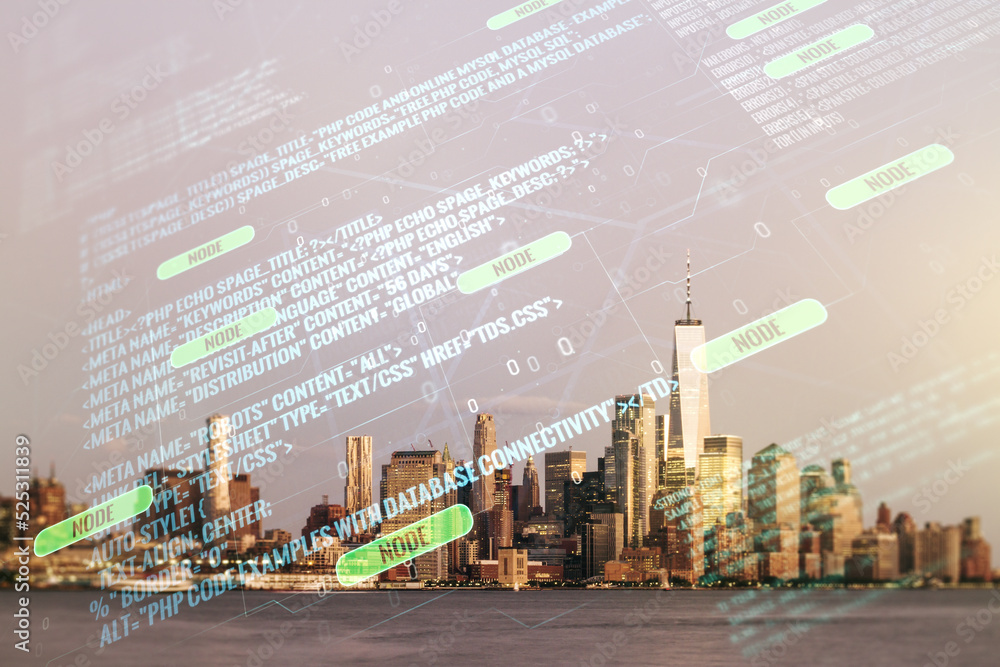 Poster multi exposure of abstract creative coding sketch on new york city skyline background, artificial in