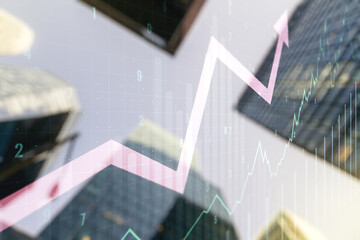 Multi exposure of virtual abstract financial chart and upward arrow interface on modern skyscrapers background, rise and breakthrough concept