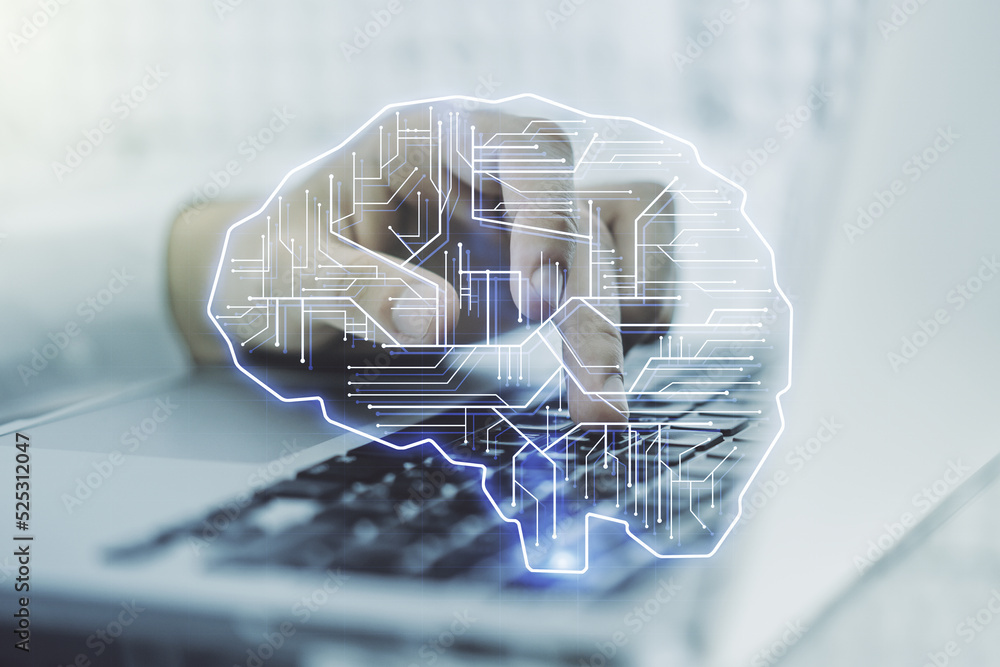 Poster double exposure of creative artificial intelligence symbol with hands typing on laptop on background
