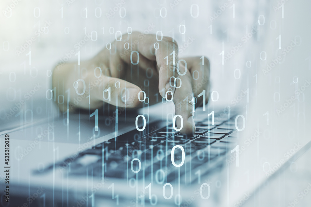 Poster creative concept of binary code illustration and hands typing on laptop on background. big data and 