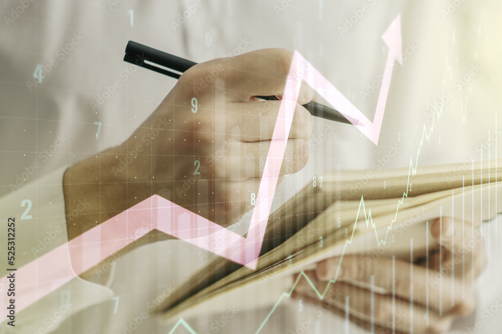 Poster multi exposure of abstract creative financial chart with upward arrow and man hand writing in notebo