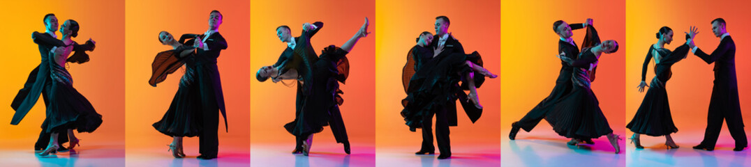 Collage with images of young dance ballroom couple in black stage attires dancing over ornage...