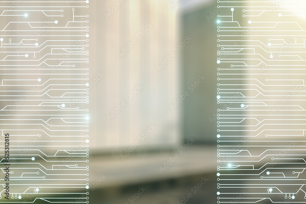 Aufkleber double exposure of abstract virtual circuit hologram on modern business center exterior background. 