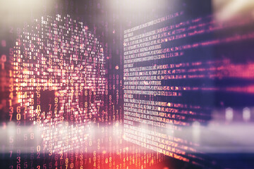 Abstract virtual creative code skull hologram on contemporary business center exterior background,...