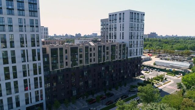 Drone aerial view modern building Residential complex Nice town. Construction of residential premises. Kyiv capital of Ukraine