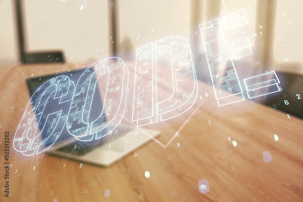 Poster creative code word hologram on modern computer background, artificial intelligence and neural networ