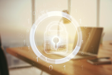Creative light lock illustration with microcircuit on modern computer background, cyber security concept. Multiexposure