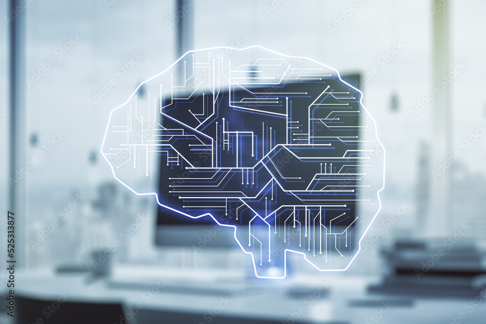 Poster creative artificial intelligence concept with human brain sketch on modern computer background. doub