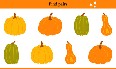 Find pairs for pumpkins. Children's educational game. Vector illustration
