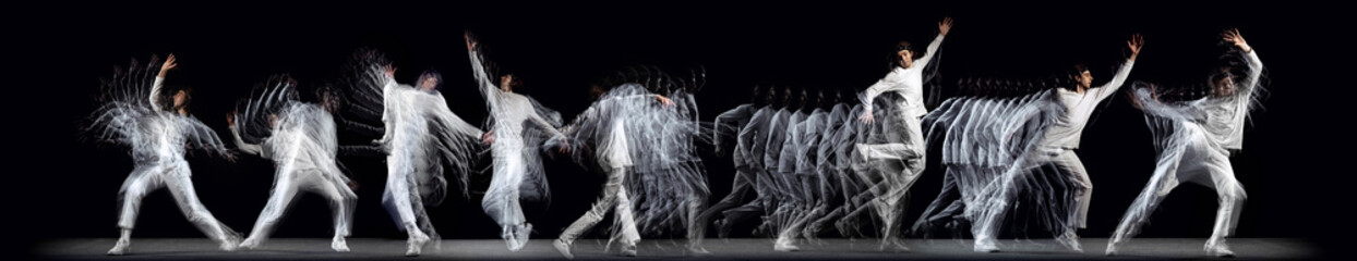 Flyer with images of young man dancing hip-hop, breakdance in white clothes on dark background with stroboscope effect elements. Music, art, fashion.