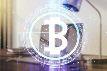 Creative Bitcoin concept with modern laptop background. Multiexposure