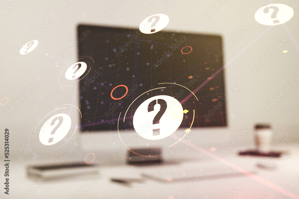 Aufkleber creative abstract question mark sketch on modern laptop background, faq and research concept. double