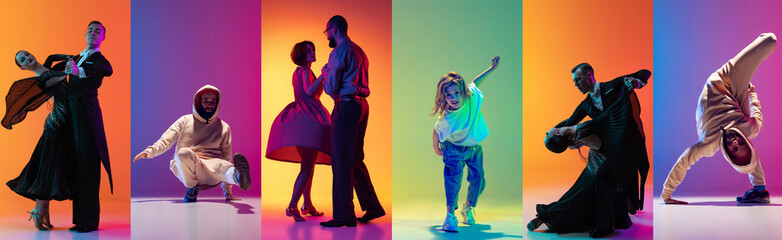 Representatives of various dance styles. Ballroom, hip-hop and breakdance dancers over colorful background in neon. Dance battle