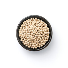 White pepper or peppercorns in ceramic bowl isolated on white background , top view , flat lay.