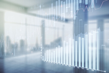 Multi exposure of virtual creative financial chart hologram on empty modern office background, research and analytics concept