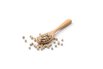 White pepper or peppercorns in wooden spoon isolated on white background.