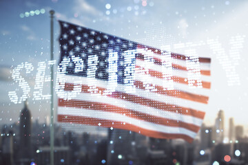 Virtual cyber security creative concept on US flag and city background. Double exposure