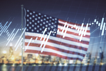 Multi exposure of virtual abstract financial diagram on US flag and city background, banking and accounting concept