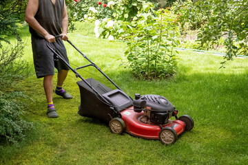 middle aged handsome man wearing home clothes is cutting the lawn, process to cut the grass at the yard with special machine lawn mover, green garden