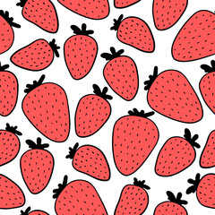 Seamless pattern with hand drawn strawberries with on a white background. Doodle, simple outline illustration. It can be used for decoration of textile, paper and other surfaces.