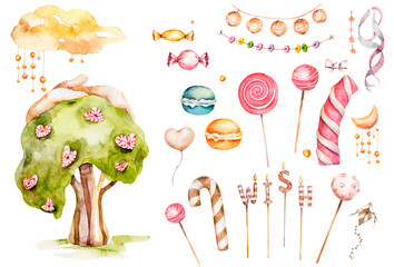 Sweet land watercolor illustration isolated on white background, wonderland. Delicious castle, ice cream machine, caramel tree, sweets and desserts. Sweet dream. Clipart on a white background