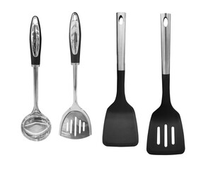Ladle, turner, kitchen utensils isolated on white