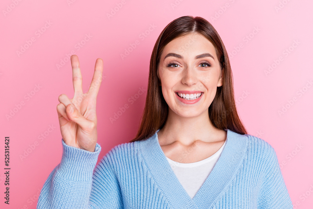 Poster Portrait of gorgeous cheerful satisfied person dressed blue knit pullover holding hand demonstrate v-sign isolated on pink color background