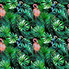 Tropical birds and palm leaves watercolor seamless pattern on black background © Ekaterina Lanbina