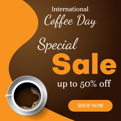 international coffee day sale banner design for social media post. vector illustration
