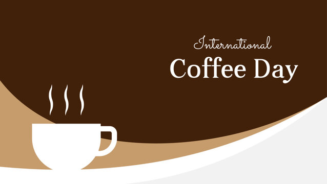 international coffee day banner design with coffee cup illustration and wavy abstract shapes. vector illustration