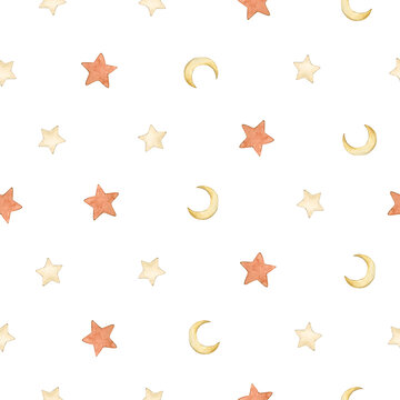 Watercolor seamless pattern with cartoon moon and stars. Isolated on white background. Hand drawn clipart. Perfect for card, fabric, tags, invitation, printing, wrapping.