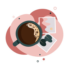 Cup of coffee in flat style with instant photo on abstract background. Vintage pictures and coffee mug. For banner, website, social media, app, flyer and stickers