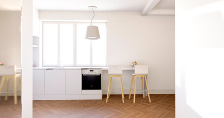 Wnętrze, kuchnia z białymi ścianami i szafkami. Dębowa klasyczna podłoga. 3d rendering - obrazy, fototapety, plakaty
