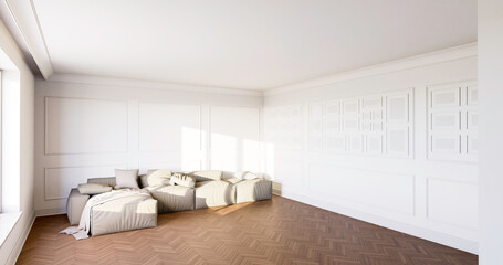 Wnętrze,  pokój z białymi ścianami i ozdobnymi sztukateriami. Dębowa klasyczna podłoga. 3d rendering - obrazy, fototapety, plakaty