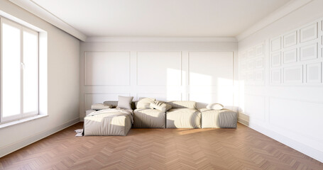 Fototapeta Wnętrze,  pokój z białymi ścianami i ozdobnymi sztukateriami. Dębowa klasyczna podłoga. 3d rendering obraz