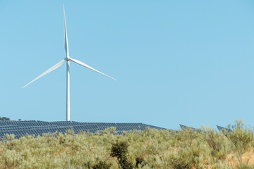 Fototapeta premium Solar energy panel photovoltaic cell and wind turbine farm power generator in nature landscape.