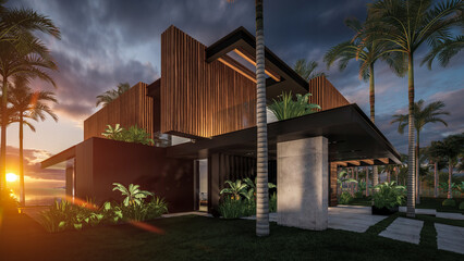 3d rendering of modern cozy house with parking and pool for sale or rent with wood plank facade by the sea or ocean. Sunset evening by the azure coast with palm trees and flowers in tropical island