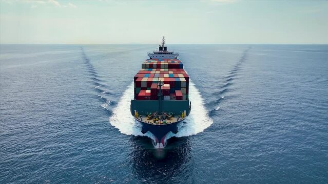 Aerial front view of a loaded container cargo vessel traveling with speed over blue ocean