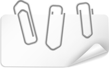 Blank label attached with paper clips. Realistic mockup