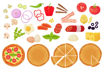 Cartoon pizza ingredients. Italian cuisine fast food, cooking time, pepperoni and meat, fresh vegetables, cheese and greens, pieces and whole, fastfood constructor recent vector set