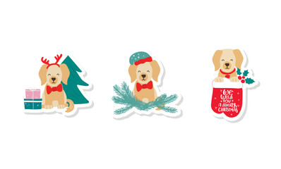 Obraz na płótnie Canvas Christmas puppy labrador golden retriever. Cute cartoon illustration with dog lovers quote. We woof you a Merry Christmas. Holidays design elment for greeting cards, stickers, t shirt, poster.