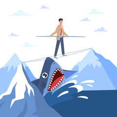 Danger, risk situation, excitement, extreme leisure, man walks tightrope between mountain peaks, shark in water. Challenge in business and sport. Vector cartoon flat isolated concept