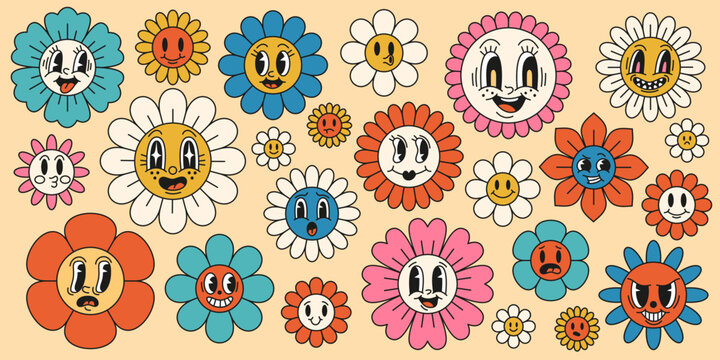 Daisy flowers with cartoon faces. Funny smiling chamomile characters, trendy retro groovy style, psychedelic hippie 60s, botanical decor isolated elements, bright simple plants tidy vector set