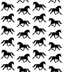 Vector seamless pattern of hand drawn friesian horse silhouette isolated on white background
