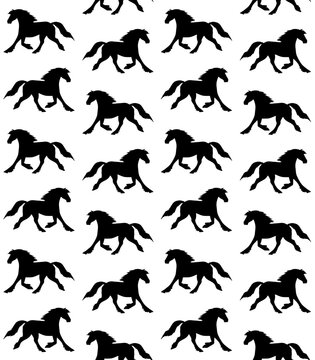 Vector seamless pattern of hand drawn friesian horse silhouette isolated on white background