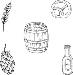 Set of hand drawn icons such as bottle, barrel and pretzel. Vector illustration, doodle style.
